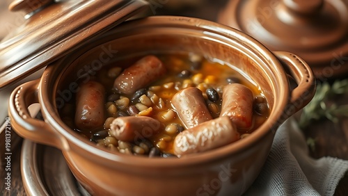 aligot. A rustic ceramic pot containing a slow-cooked stew of sausage and lentils. menu design, packaging mockups, designed for food delivery and cloud-kitchen brand materials.