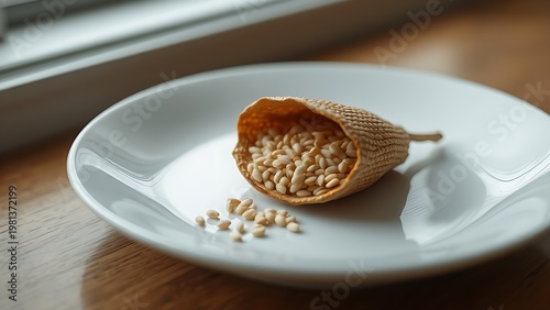 beniseed. A dried sesame pod split open on a white plate, revealing tiny seeds. gardening catalogs, home-decor guides, designed for home decor and floral branding, used by chefs.