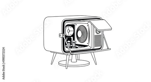 A detailed line drawing depicts a vintage television set with its back panel removed revealing internal components