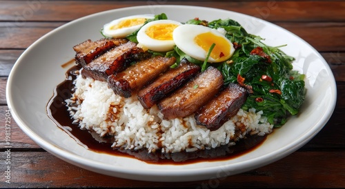 Delicious Pork Belly Rice Bowl with Boiled Eggs and Greens.