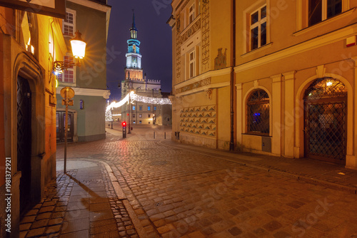Christmas market square at dawn in Poznan, Poland