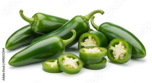 Vibrant green jalapeno peppers, some whole, some sliced, on white backdrop