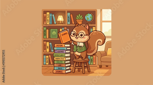 Squirrel in a library reading.