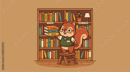 Squirrel sitting on stool reading.