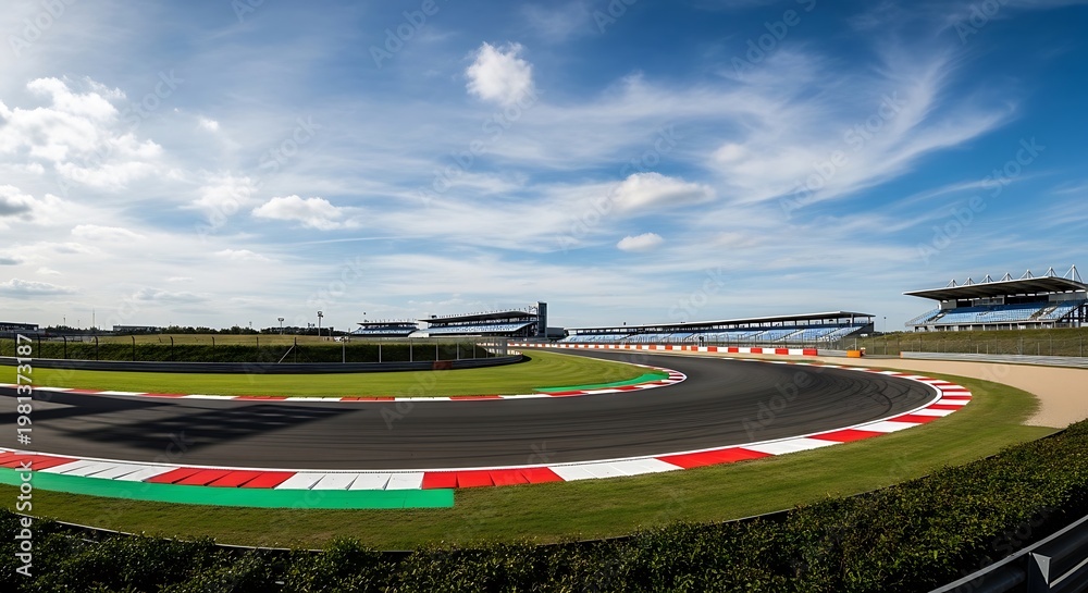 Naklejka premium Wide-angle view of a race track with grandstands under a blue, cloudy sky