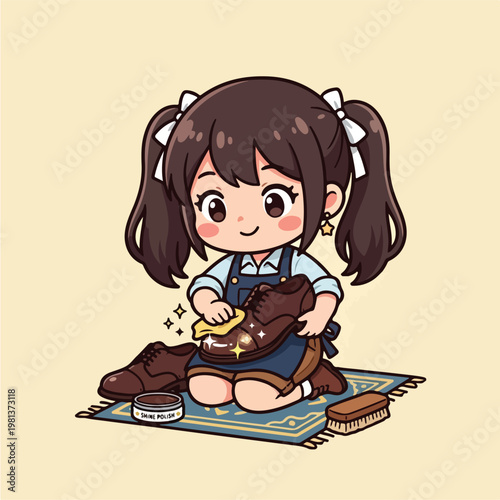 Girl Polishing Brown Leather Shoes.