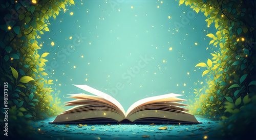 Magical open book a portal to enchantment and knowledge in a lush setting