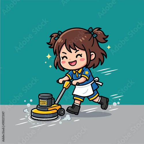 Girl using floor buffer machine.