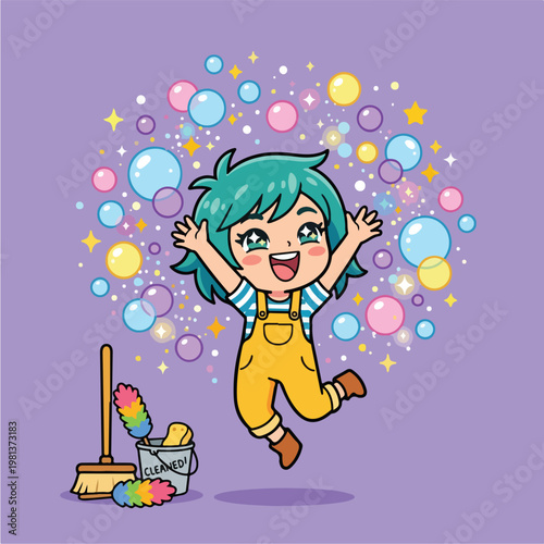 Happy Cartoon Girl with Broom.