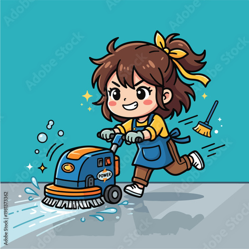 Little Girl Cleaning Floor Machine.