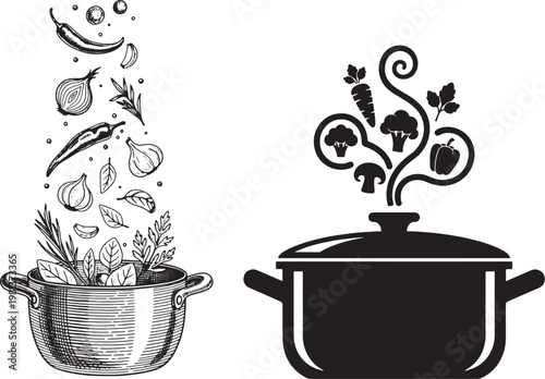Cooking Pot with Fresh Vegetables Illustration in Engraved and Silhouette Styles