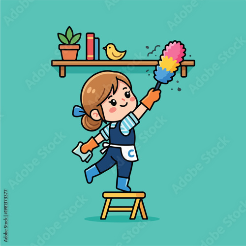 Little girl cleaning with duster 1.