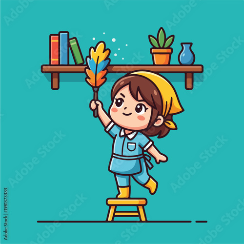 Little girl cleaning with duster.