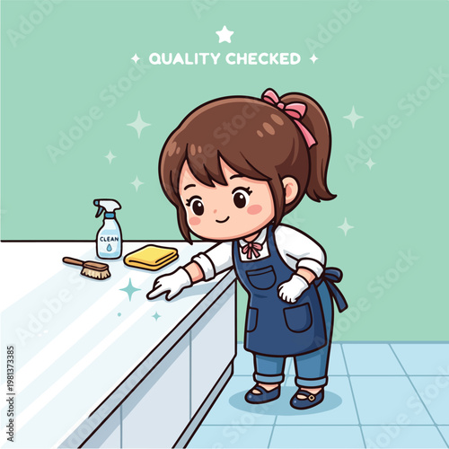 Little girl cleaning with gloves.