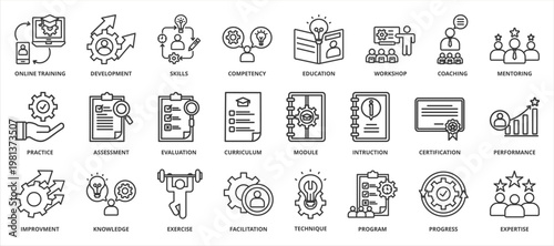  Training icon set collection in outline style. Icon pack contains learning, online training , development, 
skills, competency,  education, workshop, coaching,mentoring, 