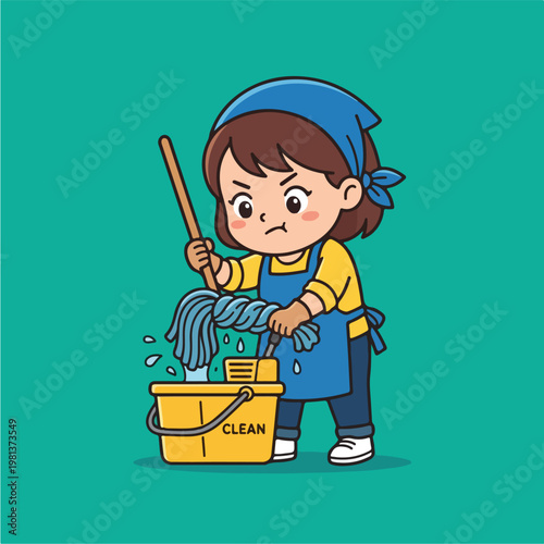 Little girl with mop bucket.