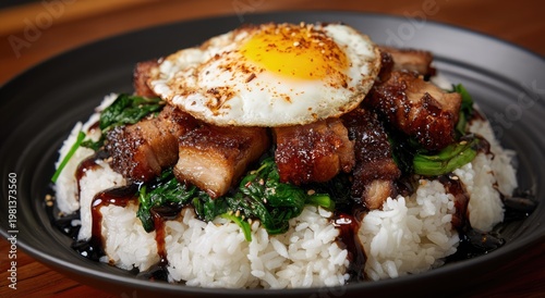 Delicious Pork Belly Rice Bowl Topped with Fried Egg and Greens.