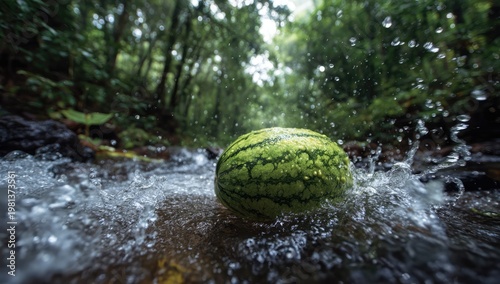 Watermelon Floating Down a Lush Forest Stream.