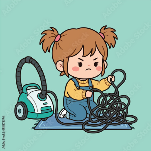 Little girl with vacuum cleaner.