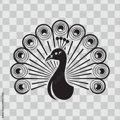 Stylized peacock mascot logo design with beautiful fanned out tail feathers isolated on transparent art.