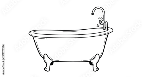 A simple black and white line drawing depicting a classic clawfoot bathtub with a faucet