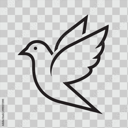 Minimalist black outline of a dove in flight on an isolated transparent background.