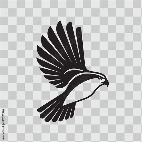 Falcon or hawk silhouette vector in dynamic landing pose with wings raised on transparent background art.