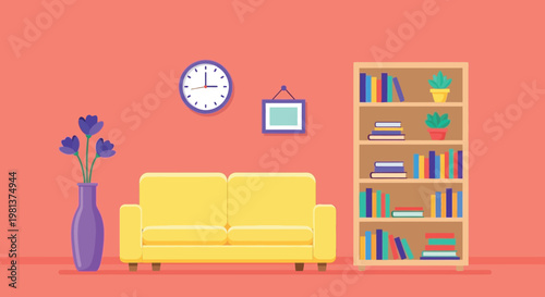A brightly colored living room scene features a yellow sofa bookshelf clock and floral arrangement