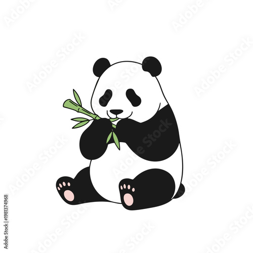 Adorable Baby Panda Sitting and Eating Bamboo in a Natural Environment