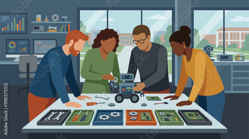 Diverse Team of Engineers Collaborating on Robotics Project