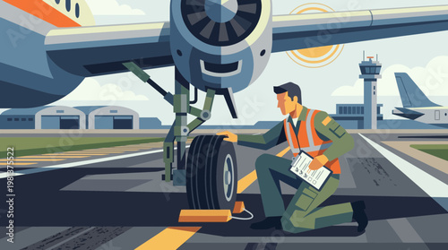Aircraft maintenance technician inspecting airplane landing gear