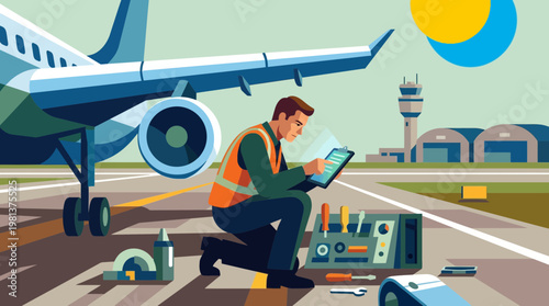 Aircraft Technician Using Tablet for Airplane Maintenance on Runway