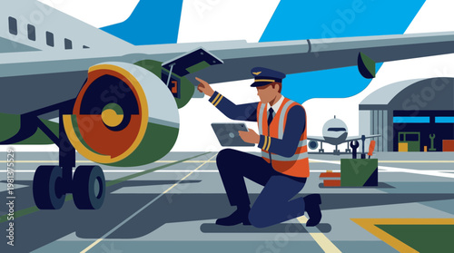 Aircraft Technician Inspecting Jet Engine with Digital Tablet