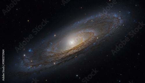A spiral galaxy shines brightly in the dark universe with stars and gas swirling around a glowing center.
