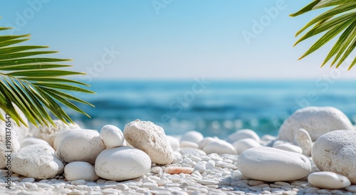 Serene Beach Scene with Smooth White Stones and Palm Leaves.