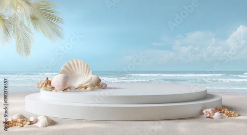 Minimalist Beach Podium with Seashells and Palm Fronds.