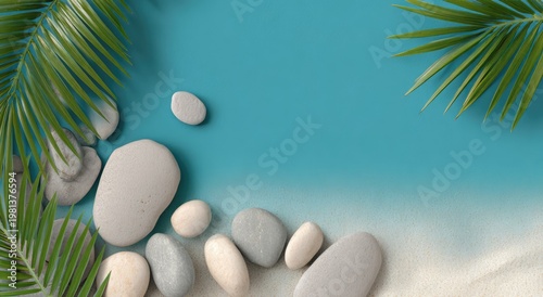 Tropical Beach Scene with Smooth Stones and Palm Leaves.