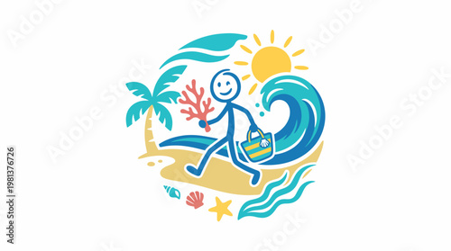 Happy Stick Figure on Tropical Beach with Ocean Elements