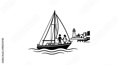 Couple Sailing on a Boat Near Lighthouse