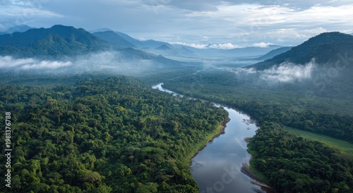 Misty Morning Over Lush Rainforest River Valley.