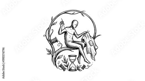 Surreal Depiction of a Figure Mending Fabric