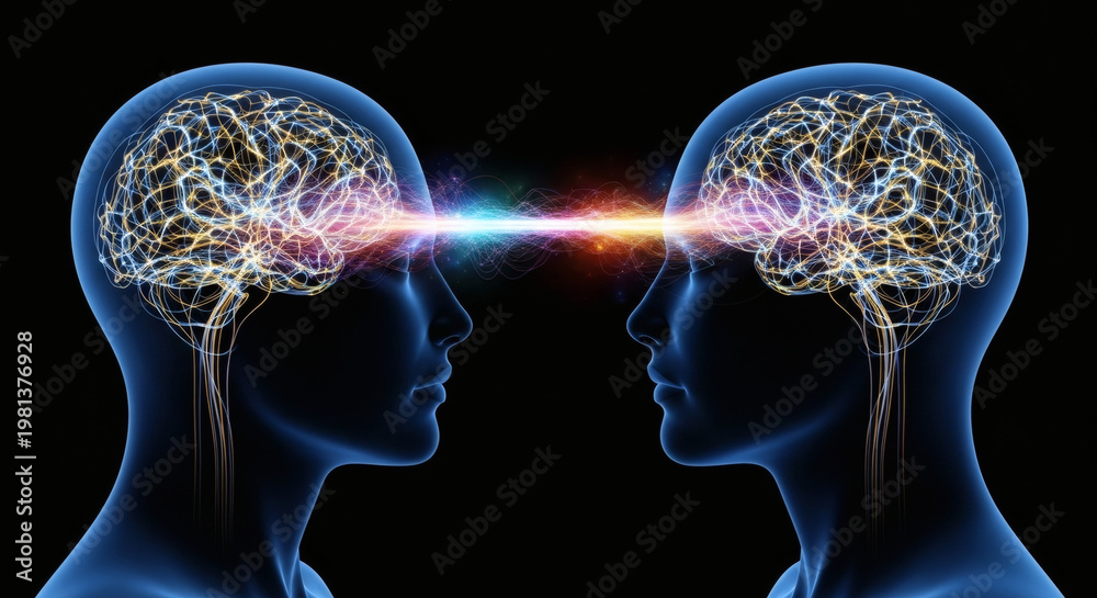 Obraz premium Telepathic communication between two glowing human minds concept