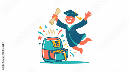 Happy Graduate Celebrating with an Air Fryer