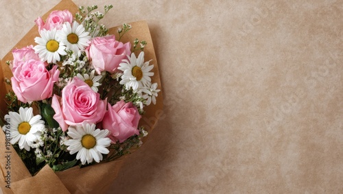 Beautiful Bouquet of Pink Roses and Daisies on Textured Background.