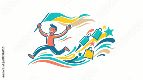 Happy Shopper Running with Shopping Bags and Stars
