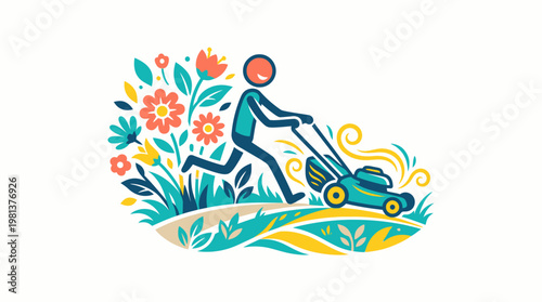 Joyful Gardener Mowing Lawn amidst Blossoming Flowers