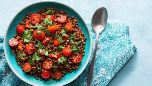 Healthy Lentil Salad with Fresh Cherry Tomatoes and Parsley.