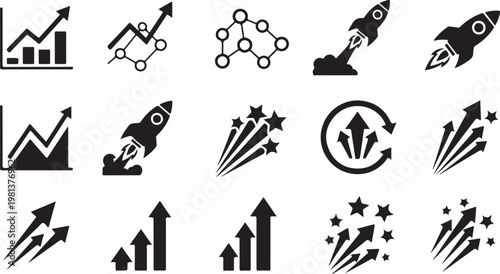 Black and white business growth icons and symbols collection