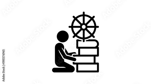 Person Kneeling Before Books and Dharma Wheel