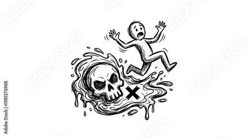 Cartoon Figure Fleeing Toxic Skull Symbol